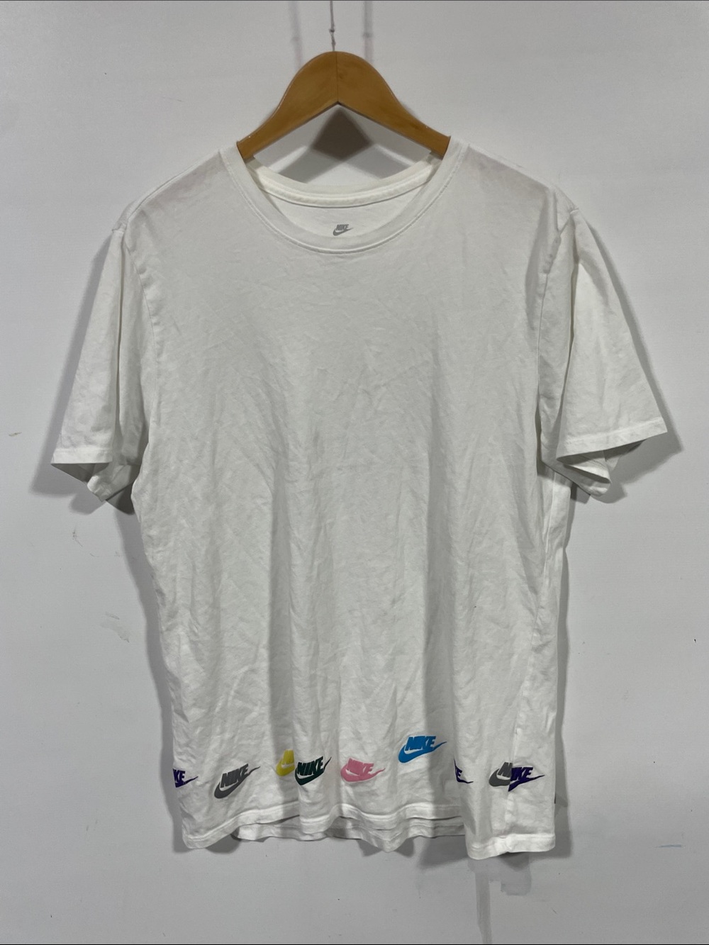 Nike White Short-Sleeve Crew with Multicolor Swoosh Hem